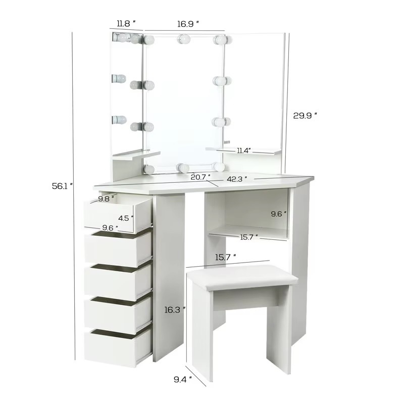 Meuble de maison, coiffeuse moderne en bois blanc avec miroir éclairé pour le maquillage — vue 2