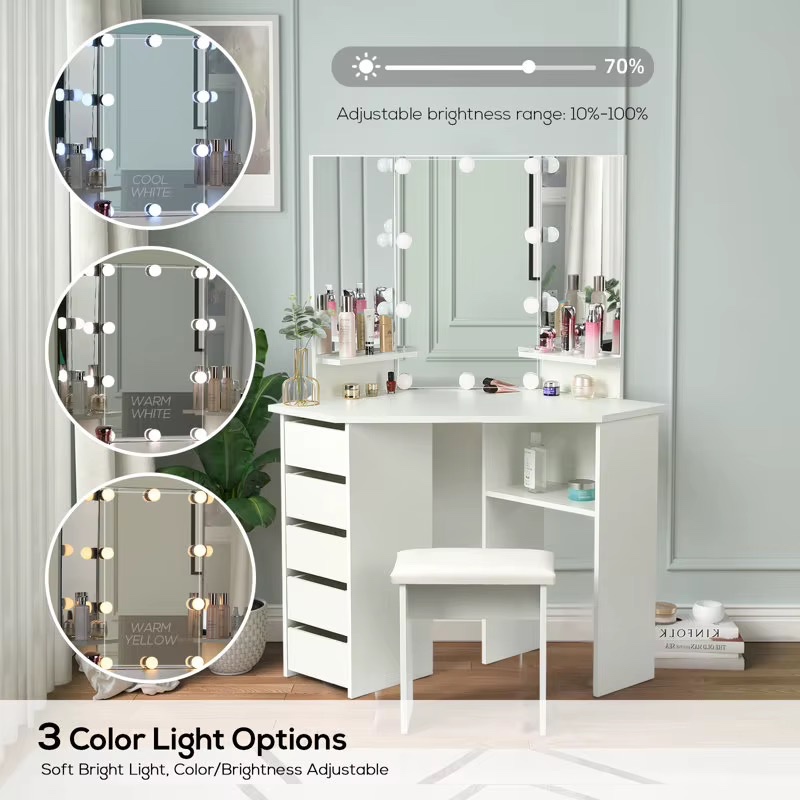 Meuble de maison, coiffeuse moderne en bois blanc avec miroir éclairé pour le maquillage — vue 3