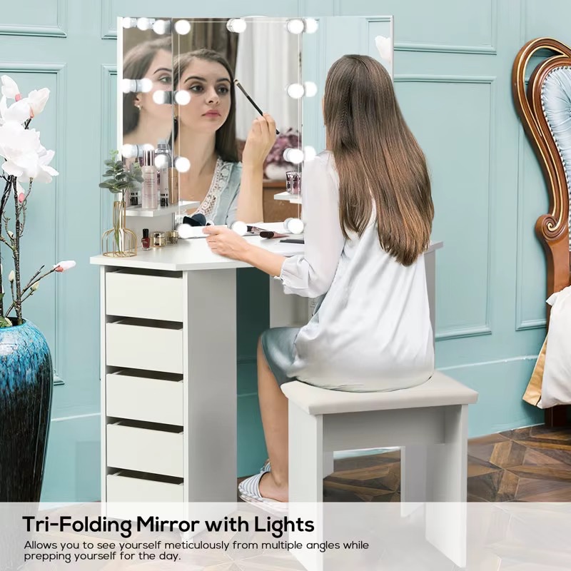Meuble de maison, coiffeuse moderne en bois blanc avec miroir éclairé pour le maquillage — vue 5
