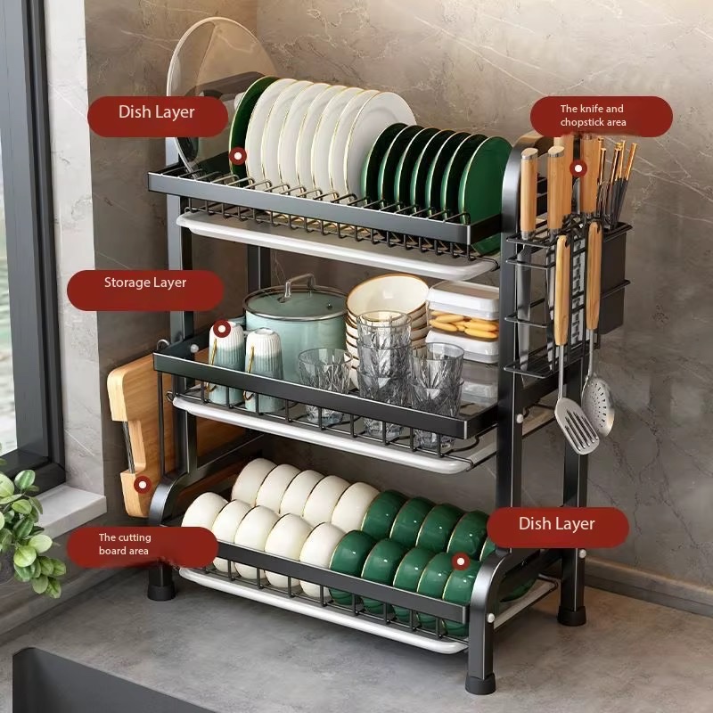 Support de rangement de cuisine, support de rangement pour bol et vaisselle, support d'égouttage de comptoir, porte-baguettes, armoire à bol multifonctionnelle — vue 3
