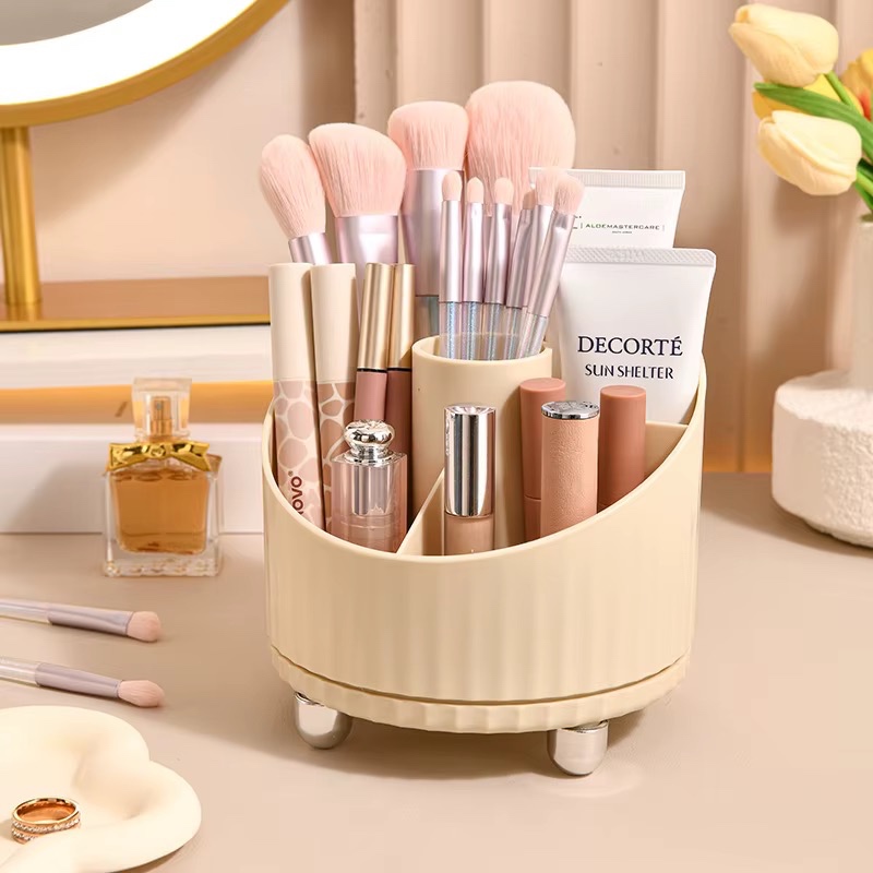 Boîte de rangement de maquillage moderne en plastique pour bureau, 4 en 1, support rotatif à 360° pour cosmétiques, porte-pinceaux, étui à crayons, rangement pour rouges à lèvres, O-1L — vue 2