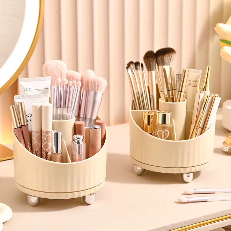 Boîte de rangement de maquillage moderne en plastique pour bureau, 4 en 1, support rotatif à 360° pour cosmétiques, porte-pinceaux, étui à crayons, rangement pour rouges à lèvres, O-1L — vue 3