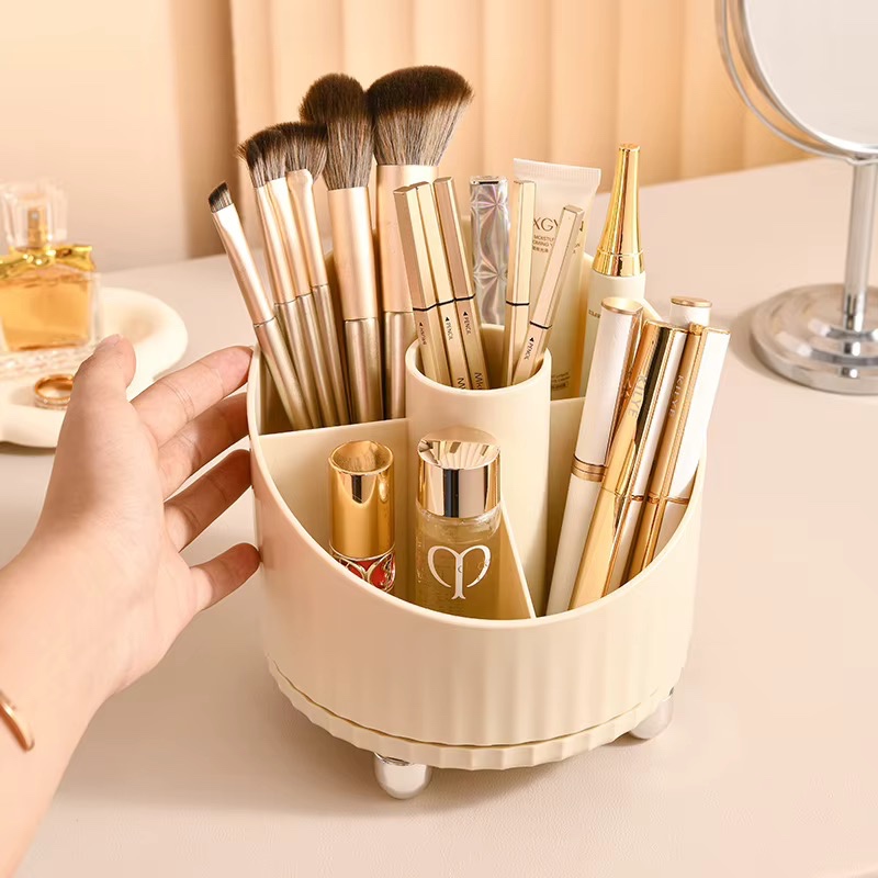 Boîte de rangement de maquillage moderne en plastique pour bureau, 4 en 1, support rotatif à 360° pour cosmétiques, porte-pinceaux, étui à crayons, rangement pour rouges à lèvres, O-1L — vue 4