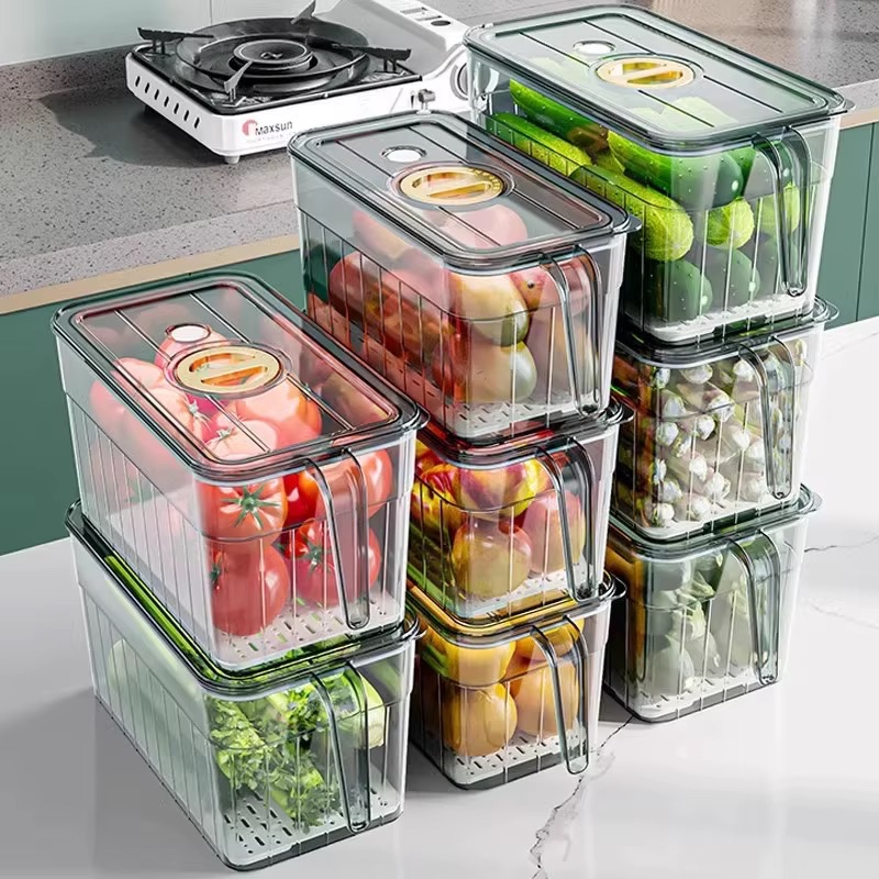 Boîte de rangement pour réfrigérateur de qualité alimentaire, conteneur de stockage en plastique divisé avec couvercle pour la cuisine, fruits et légumes — vue 3
