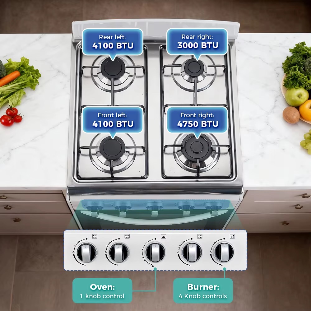 Cuisinière et four à gaz 4 brûleurs, grande capacité 55L, four encastrable avec commande mécanique pour la cuisine familiale — vue 2
