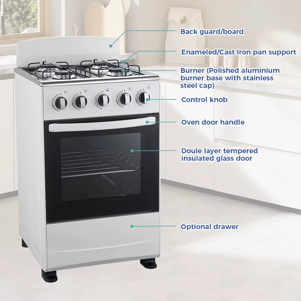 Cuisinière et four à gaz 4 brûleurs, grande capacité 55L, four encastrable avec commande mécanique pour la cuisine familiale — vue 4