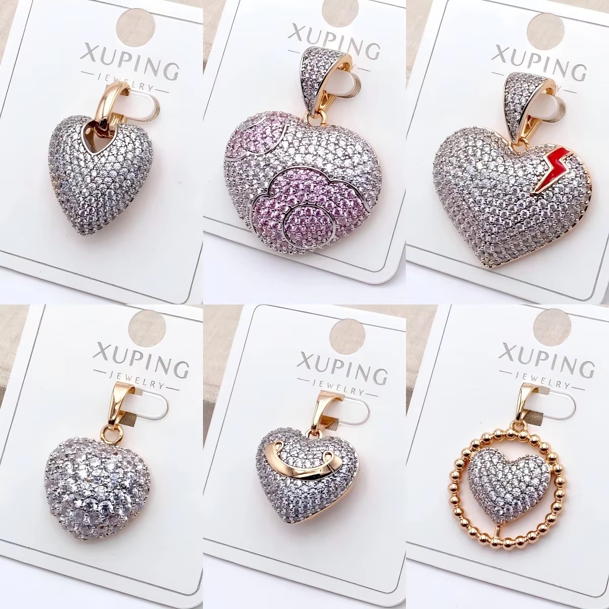 Collection de pendentifs en forme de cœur en zircone cubique plaqué or 18 carats XUPING, breloques en forme de cœur assorties en gros pour colliers pour femmes 276 — vue 2