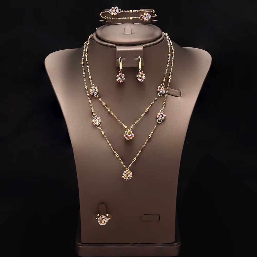 Ensemble de bijoux pour femmes, collier et boucles d'oreilles à deux couches avec motif floral, 4 pièces, pour un usage quotidien, S-0112 — vue 2