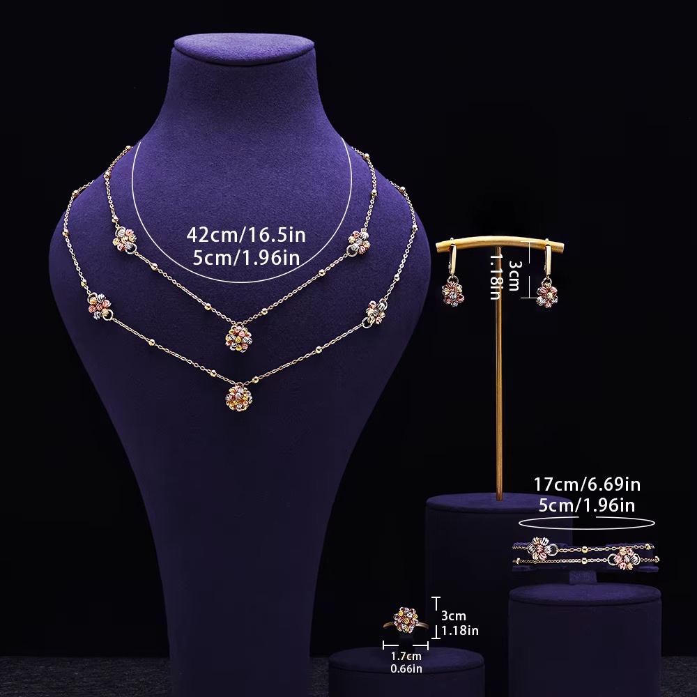 Ensemble de bijoux pour femmes, collier et boucles d'oreilles à deux couches avec motif floral, 4 pièces, pour un usage quotidien, S-0112 — vue 3