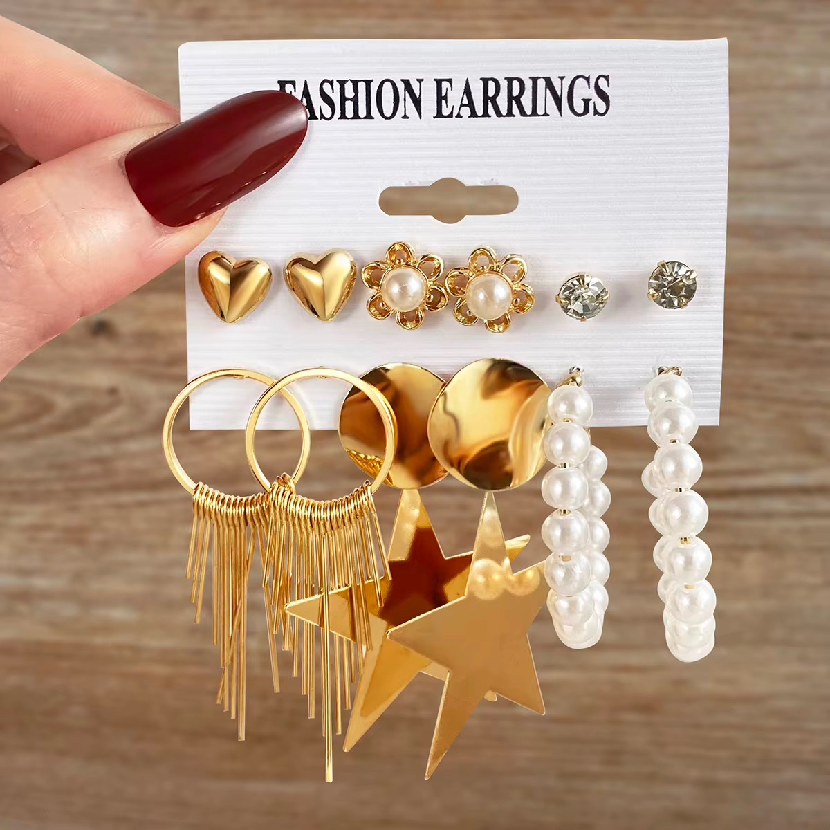 Boucles d'Oreilles Créoles Style Punk Rétro Fleur Cœur Étoile Doré, Ensemble de Bijoux pour Femme — vue 4
