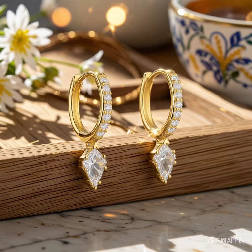 HGC 316L Boucles d'oreilles créoles pour femme couleur or, style losange CZ, bijoux tendance — vue 2