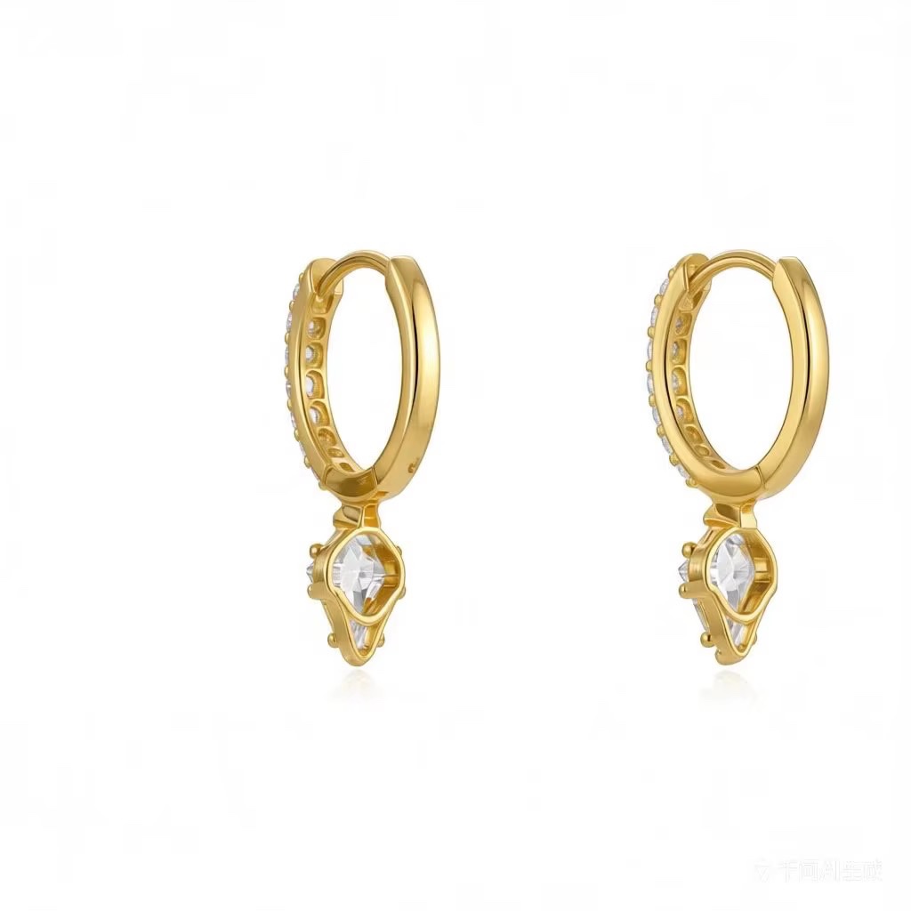 HGC 316L Boucles d'oreilles créoles pour femme couleur or, style losange CZ, bijoux tendance — vue 3
