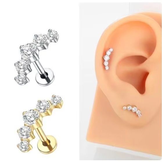 Piercing pour enfant en Titane ASTM F136 G23, à dos plat, pour cartilage et tragus, avec zircon cubique (CZ) à griffes, type labret, longueur de barre 8mm — vue 2