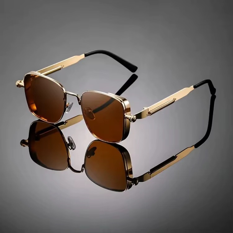 Lunettes de soleil carrées steampunk à monture métallique, protection UV, style punk, branches à ressort, pour homme, pas chères — vue 2