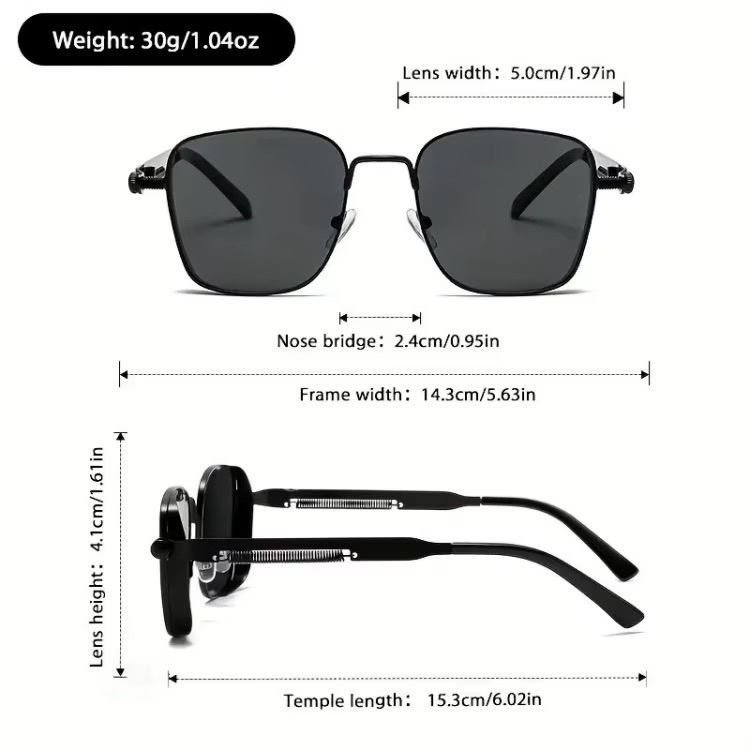 Lunettes de soleil carrées steampunk à monture métallique, protection UV, style punk, branches à ressort, pour homme, pas chères — vue 3