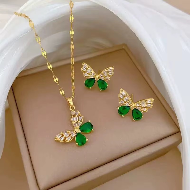Ensemble cadeau montre, collier et boucles d'oreilles en acier inoxydable YNS-011 avec cristal vert papillon — vue 2